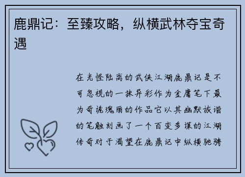 鹿鼎记：至臻攻略，纵横武林夺宝奇遇